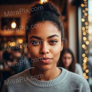 Portrait of a young woman with expressive eyes in a warm cafe setting